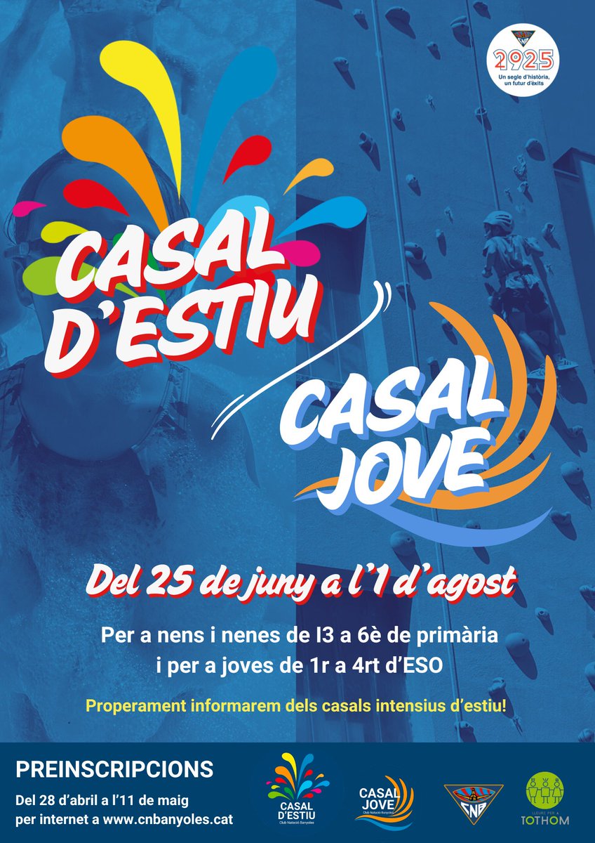 Obertes les preinscripcions del casal d'estiu i el casal jove fins a l'11 de maig!

Informa't a: cnbanyoles.cat/serveis/casals…