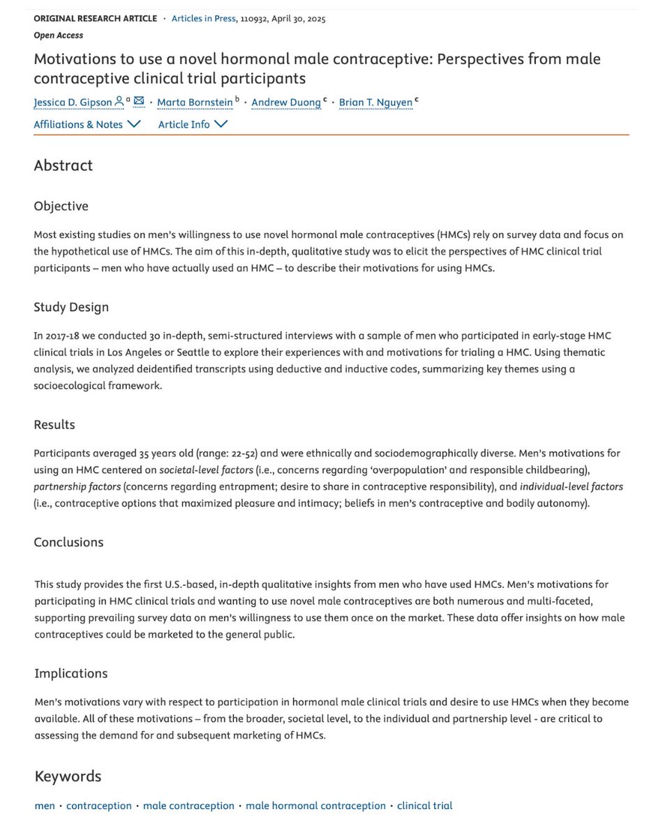 Contraception (@contraceptionjl) on Twitter photo đź’ŠWhat motivates men to try hormonal birth control? 
📊 This study provides valuable insights into why men choose to use novel hormonal contraceptives—based on interviews with 30 diverse clinical trial participants.
✔️ Men cited motivations like sharing contraceptive 💊What motivates men to try hormonal birth control? 
📊 This study provides valuable insights into why men choose to use novel hormonal contraceptives—based on interviews with 30 diverse clinical trial participants.
✔️ Men cited motivations like sharing contraceptive