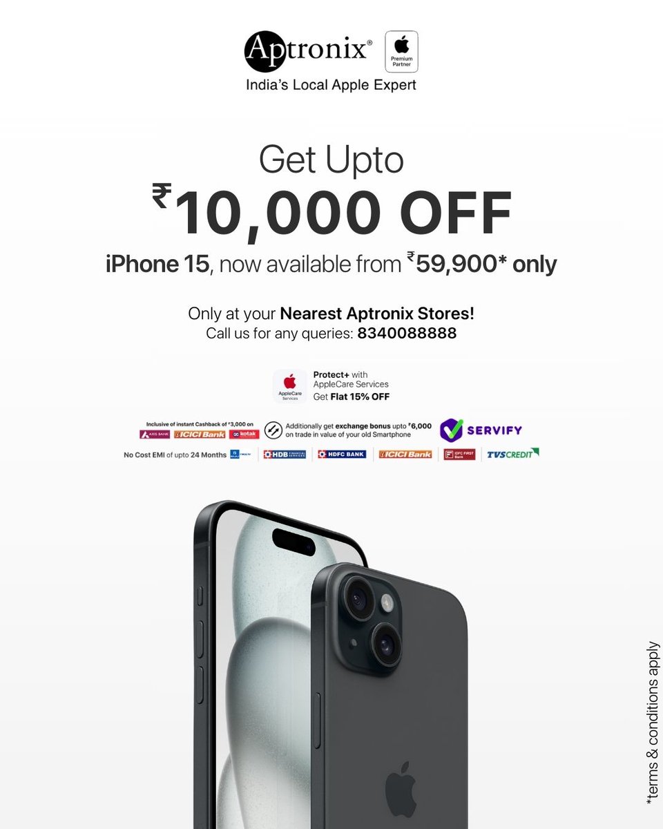Weekday Price Drop at Aptronix!!
Save upto ₹13,000* on your favourite iPhone!!

Store locator link - aptronixindia.com/store-locator

Starting at just ₹51,900*

Inclusive of Instant Cashback of up to ₹6,000* with Axis, ICICI or Kotak Mahindra Bank cards.