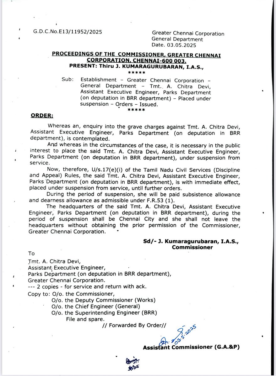 Omjasvin M D (@omjasvinmd) on Twitter photo Greater Chennai Corporation suspends an assistant executive engineer, posted in deputation to Bus Routes Roads department, following a TOI story on the <a href="/chennaicorp/">Greater Chennai Corporation</a> floating dummy tenders worth Rs 2 crores, for projects that were already completed.
The order by GCC commissioner Greater Chennai Corporation suspends an assistant executive engineer, posted in deputation to Bus Routes Roads department, following a TOI story on the <a href="/chennaicorp/">Greater Chennai Corporation</a> floating dummy tenders worth Rs 2 crores, for projects that were already completed.
The order by GCC commissioner