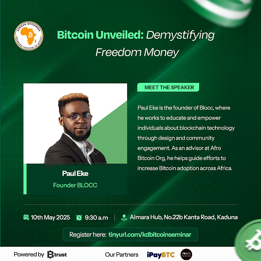 African Bitcoiners ⚡ (@afribitcoiners) on Twitter photo 𝐌𝐄𝐄𝐓 𝐎𝐔𝐑 𝐒𝐏𝐄𝐀𝐊𝐄𝐑𝐒
We’re honored to have Paul Eke join us!
Paul wears many hats, he’s the founder of <a href="/_ontheblocc/">OnTheBlocc</a>, where he’s making Bitcoin education accessible through thoughtful design and grassroots learning.
He also lends his voice and vision as an 𝐌𝐄𝐄𝐓 𝐎𝐔𝐑 𝐒𝐏𝐄𝐀𝐊𝐄𝐑𝐒
We’re honored to have Paul Eke join us!
Paul wears many hats, he’s the founder of <a href="/_ontheblocc/">OnTheBlocc</a>, where he’s making Bitcoin education accessible through thoughtful design and grassroots learning.
He also lends his voice and vision as an