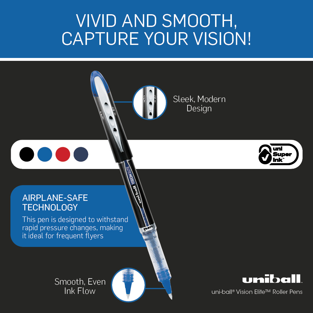 No leaks. No skips. No drama. The uni-ball Vision Elite is the pen for smooth writing—on land or in the air! #FirstClassWriting
