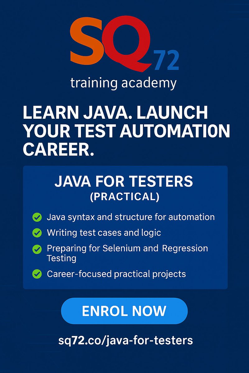 Sq72Academy's tweet image. Ready to break into Test Automation?
🚀 Learn Java from scratch with our practical course for testers.
📅 19–20 May | Live Online
🔗 sq72.co/java-for-teste…
#JavaForTesters #SoftwareTesting #TestAutomation #SQ72