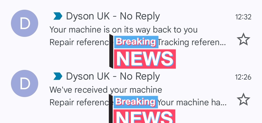 So <a href="/Dyson/">Dyson</a> are being super efficient... they recieved a faulty product from me, and it's on it's way back in 6 minutes... 🙃 Hmmmmm.