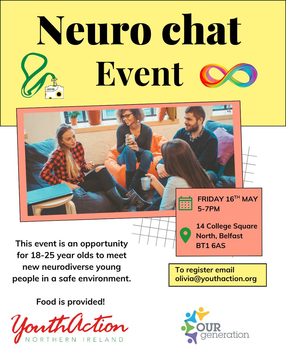 YouthAction Northern Ireland (@youthactionni) on Twitter photo We’re delighted to be hosting another neuro chat event- this time in Belfast! 🤩
🗓️: Friday 16th May 2025, 5-7pm
📍YouthAction NI, 14 College Square North, Belfast.
If you are interested in attending email olivia@youthaction.org We’re delighted to be hosting another neuro chat event- this time in Belfast! 🤩
🗓️: Friday 16th May 2025, 5-7pm
📍YouthAction NI, 14 College Square North, Belfast.
If you are interested in attending email olivia@youthaction.org