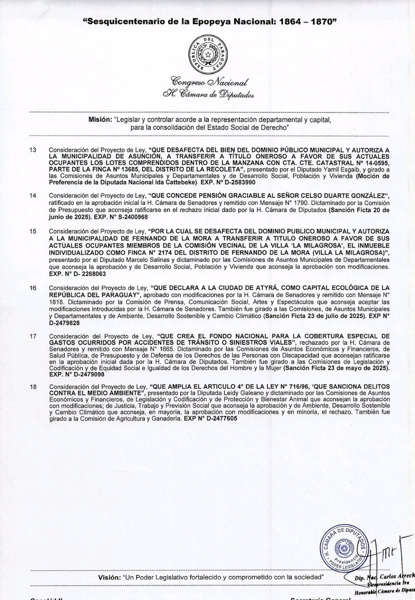 18 puntos forman el orden del día a ser analizado en la sesión ordinaria de <a href="/DiputadosPy/">Cámara de Diputados</a> del martes 6 de mayo de 2025 a las 9:00 horas

Transmisión en vivo
<a href="/Radiocamarapy/">Radio Cámara Py</a>
<a href="/tvcamarapy/">TV CÁMARA</a>

Para mayor información, visitá
diputados.gov.py