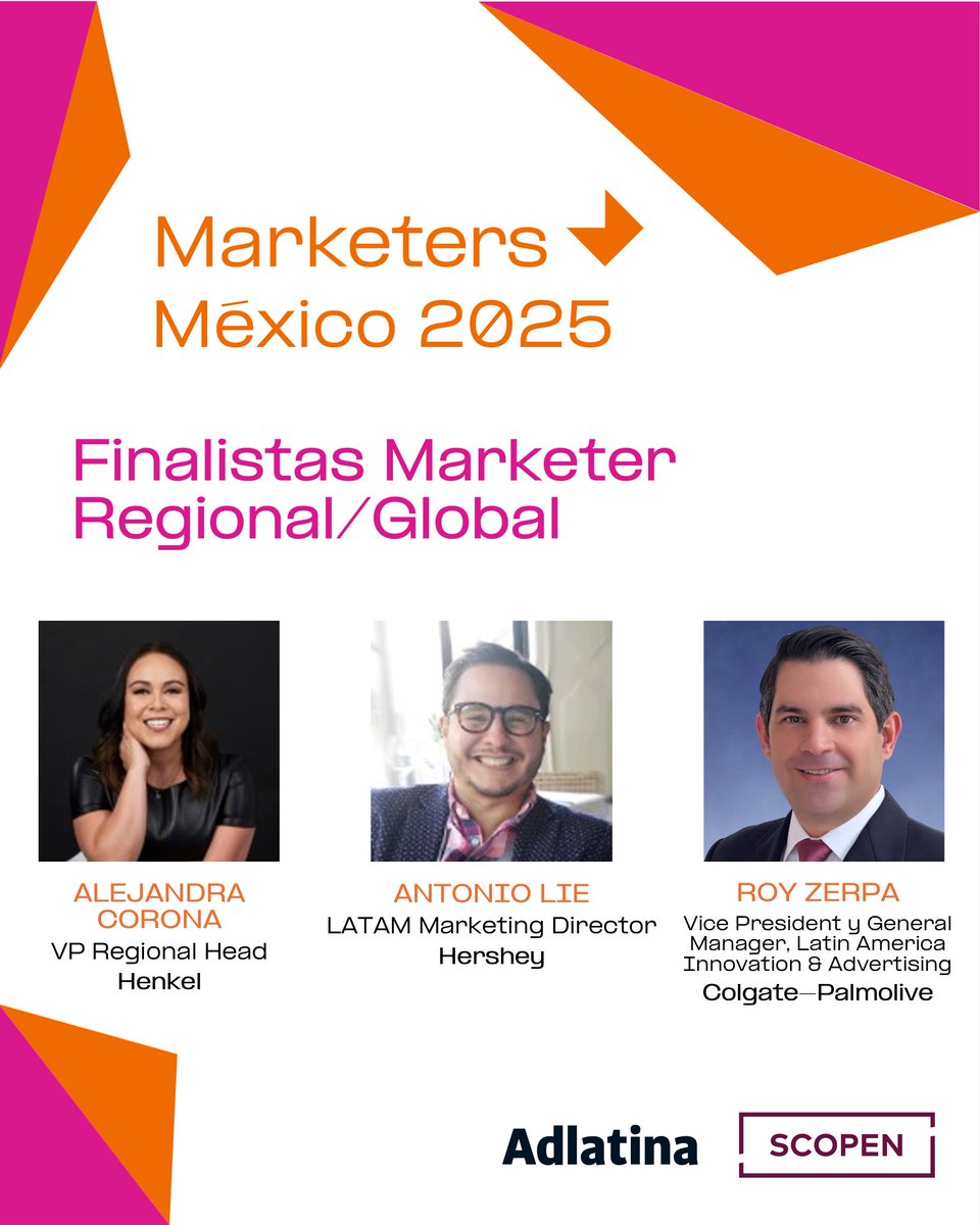 🌟Conoce a los FINALISTAS a MARKETER REGIONAL/GLOBAL de los #PremiosMarketers México 2025

Alejandra Corona - <a href="/Henkel/">Henkel</a>
Antonio Lie - <a href="/HersheyCompany/">The Hershey Company</a>
Roy Zerpa - <a href="/CP_News/">Colgate-Palmolive</a>

📅La votación para elegir los ganadores está abierta hasta el 15 de mayo (únicamente profesionales de México)