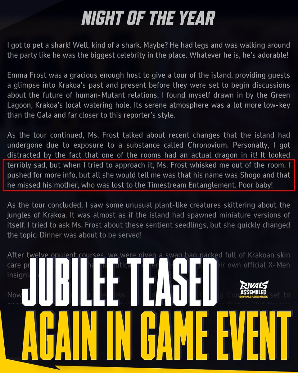 🚨Jubilee was mentioned again in #MarvelRivals ‼️

In a new Gallery Card for the seasonal event, it mentions that Shogo missed his mother (Jubilee) who is currently lost to the Timestream Entanglement