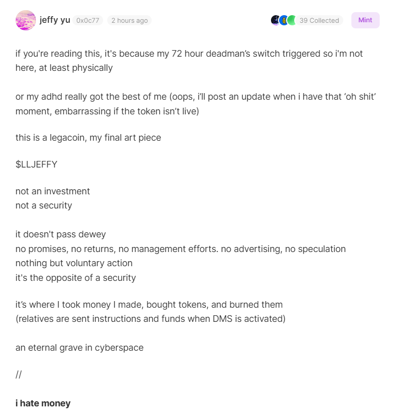 R1knoKK's tweet photo. The only token at the moment that has a potential of 100M and even 1B - #LLJEFFY

This token will go down in history and is of great value to the SOL community. KOLs will not be able to influence the price, only the community    

This token is in honor of jeffy yu (#zerebro) https://t.co/NFwEVpAqWR