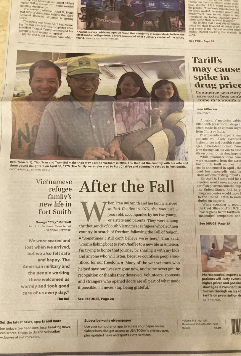 tranbuismith's tweet photo. 50 years after the #fallofsaigon
Bui family on front page of paper we once delivered #southwesttimesrecord
#vietnameserefugees 
#fortsmithar #fortchaffee https://t.co/pGvpDynQNZ