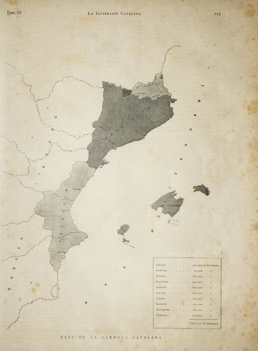Aquest és el mapa més antic dels Països Catalans, titulat "Mapa de la llengua catalana". Fou publicat #taldiacomavui de 1883 a la revista "La Ilustració Catalana", l'any que se celebrava "la vinticinquena festa dels Jochs Florals". Població total: 3.870.000 habitants. Fil 📜