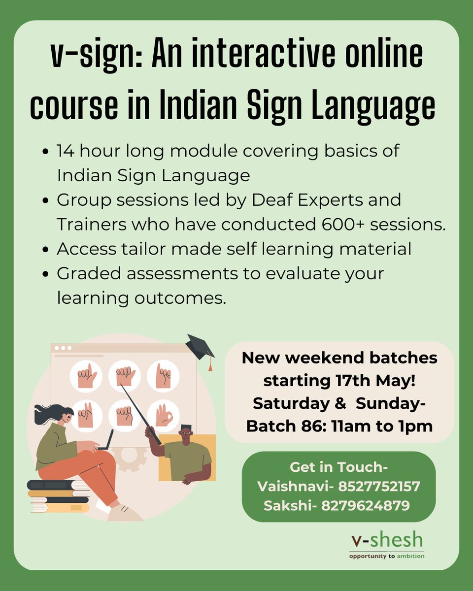 vsheshco's tweet image. Learn to sign!
Join v-sign — an interactive online course in Indian Sign Language led by Deaf experts!
 14-hour module | Assessments | Self-learning tools
Register: forms.gle/eANKjZmqRzEYNi…
#IndianSignLanguage #LearnISL #DeafLed #InclusiveLearning