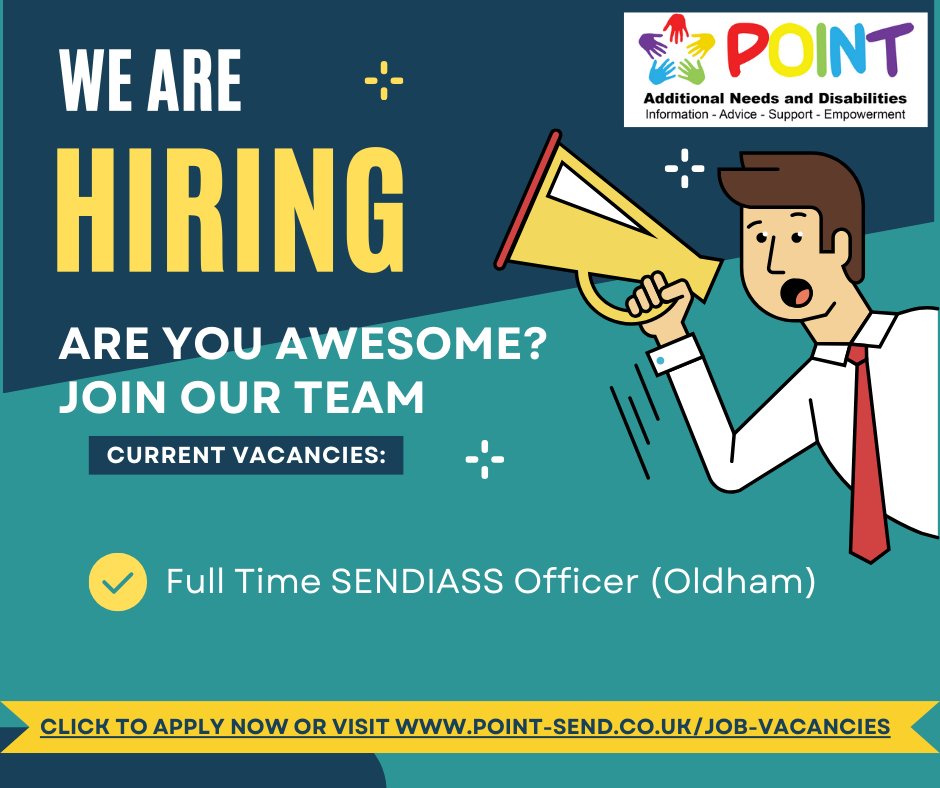 pointsend's tweet image. Are you passionate about supporting children and young people with additional needs and/or disabilities and their families. POINT has an exciting opportunity for the right person to join our team….
point-send.co.uk/job-vacancies/