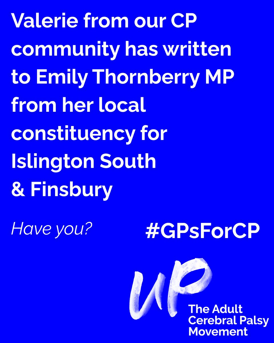 UP - The Adult Cerebral Palsy Movement (@upmovement_cp) on Twitter photo Valerie has written to her MP <a href="/EmilyThornberry/">Emily Thornberry</a>. Will you? 📬
It’s time for better healthcare for adults with CP.
#GPsForCP #CerebralPalsy #Advocacy #DisabilityRights Valerie has written to her MP <a href="/EmilyThornberry/">Emily Thornberry</a>. Will you? 📬
It’s time for better healthcare for adults with CP.
#GPsForCP #CerebralPalsy #Advocacy #DisabilityRights
