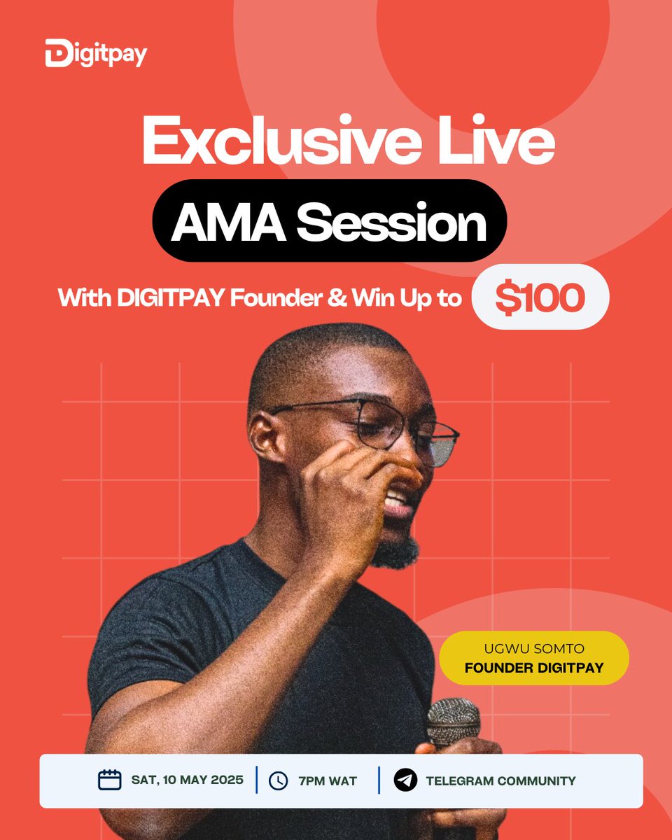 Digitpay ( AyaHQ β24 ) (@digitpaynow) on Twitter photo Join our Founder <a href="/ugwusomtooo/">Ugwu Somto</a> for an interactive AMA session this Saturday.
Letβs talk stablecoins, everything you need to know about DigitPay, and
π°WIN up to $100
π
SAT MAY 10, 2025
β° 7 PM WAT
π Telegram Community: t.me/navP0XwBgIU1Yjβ¦
#digitpay #LiveAMA Join our Founder <a href="/ugwusomtooo/">Ugwu Somto</a> for an interactive AMA session this Saturday.
Letβs talk stablecoins, everything you need to know about DigitPay, and
π°WIN up to $100
π
SAT MAY 10, 2025
β° 7 PM WAT
π Telegram Community: t.me/navP0XwBgIU1Yjβ¦
#digitpay #LiveAMA