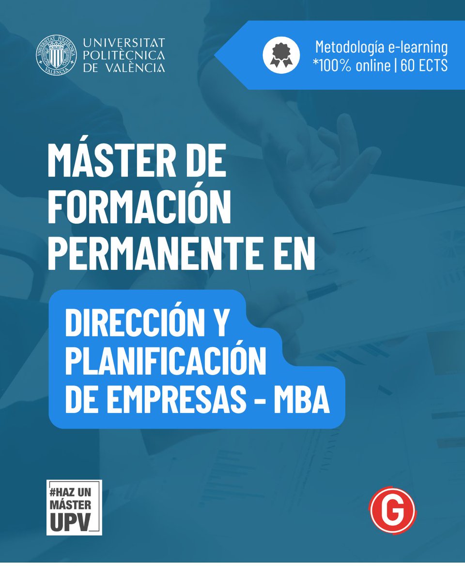 MÁSTER DE FORMACIÓN PERMANENTE EN DIRECCIÓN Y PLANIFICACIÓN DE EMPRESAS – MBA

🎯 Su objetivo es aportar una visión global y estratégica de la gestión empresarial

¡Haz ya tu preinscripción! 👉 cfp.upv.es/formacion-perm…