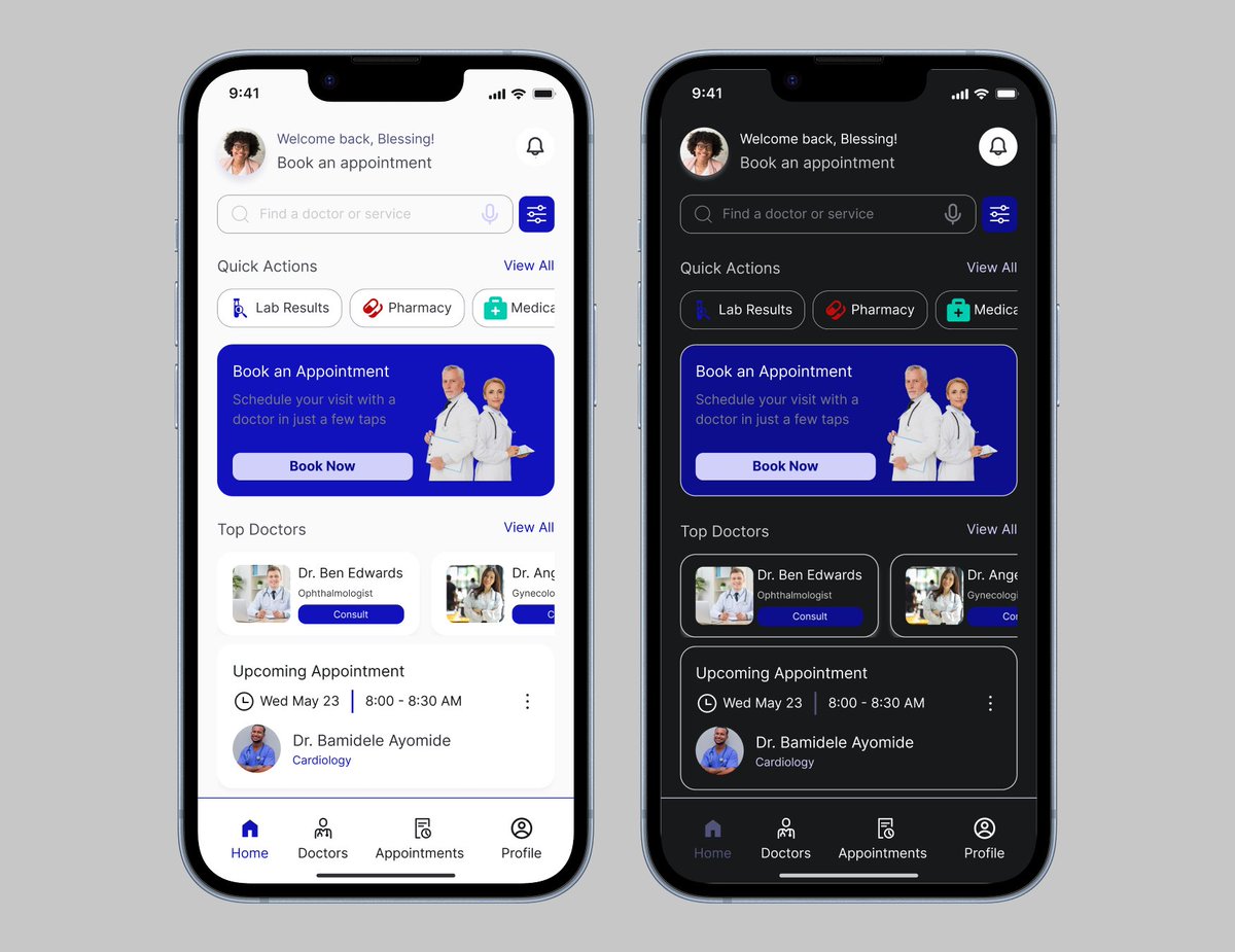 Day 2 of my 20-Day UI Design Challenge ✅
Designed a hospital app focused on quick access and ease of use.
🔹 Quick action buttons
🔹 Appointment reminders
🔹 Both dark &amp; light mode
 #HealthcareApp #MobileDesign #HealthTech #DarkMode #UXDesign #Day2Design #DesignChallenge #UIUX