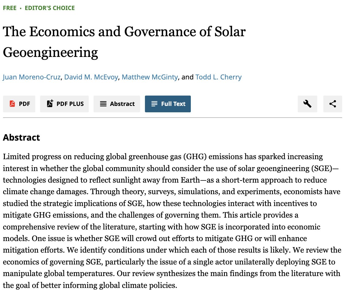Review of Environmental Economics and Policy (@reepaere) on Twitter photo What's current in REEP (<a href="/ReepAere/">Review of Environmental Economics and Policy</a>)?
"The Economics and Governance of Solar Geoengineering" by Juan Moreno-Cruz, David M. McEvoy (<a href="/DavidMMcEvoy/">David McEvoy</a>), Matthew McGinty, and Todd L. Cherry.
Read for free here: journals.uchicago.edu/doi/10.1086/73… What's current in REEP (<a href="/ReepAere/">Review of Environmental Economics and Policy</a>)?
"The Economics and Governance of Solar Geoengineering" by Juan Moreno-Cruz, David M. McEvoy (<a href="/DavidMMcEvoy/">David McEvoy</a>), Matthew McGinty, and Todd L. Cherry.
Read for free here: journals.uchicago.edu/doi/10.1086/73…