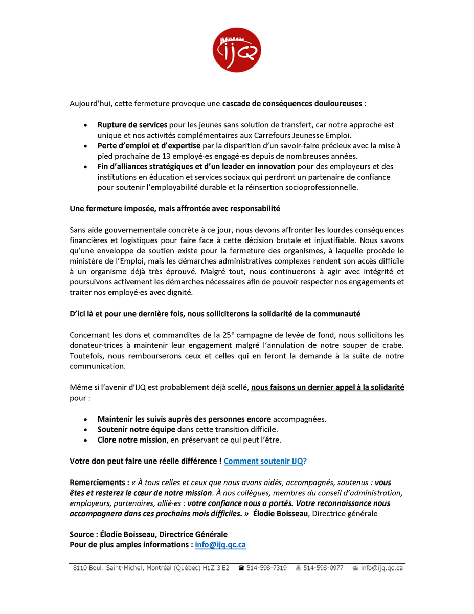 ⚠ Pour économiser un maigre 7 M$, c'est une dizaine d'organismes d'action communautaire autonome en employabilité à Montréal qui verront leurs ententes financières retirées par le Ministère de l'Emploi et de la Solidarité social. 
#polqc #ACA #emploiquebec