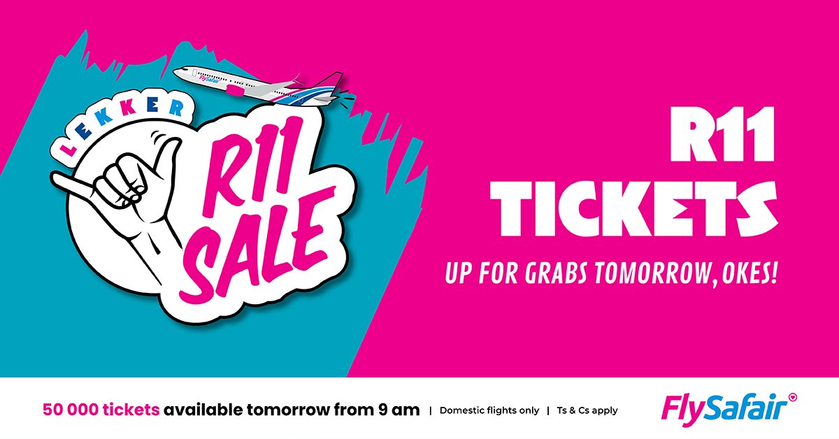 FlySafair's tweet image. Howzit, SA! The Lekker R11 Sale starts tomorrow at 9 am with 50,000 R11 flights up for grabs! 

Congrats to our early bird winners, Jennifer Mathonsi, Nishaan Rowjee, and Moira Black. You&apos;ve skipped the queue and grabbed R11 flights before anyone else!