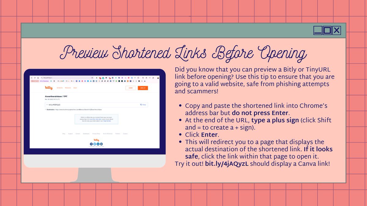 Did you know that you can preview a Bitly or TinyURL link before opening? Use this tip to ensur safe browsing! #edtechwithheatherlyn
