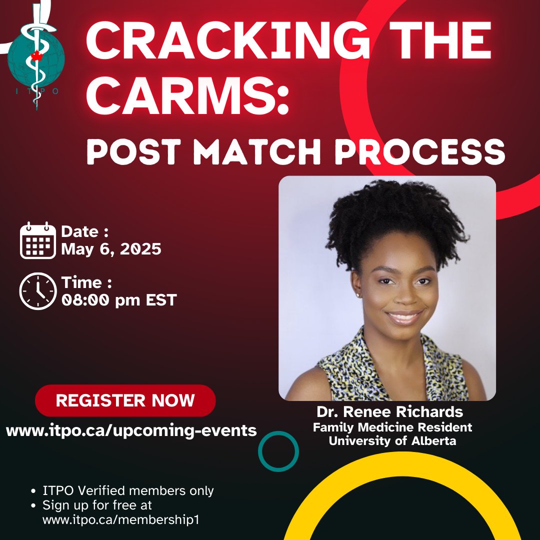 You may feel a bit confused about the Post Match Process! The Post Match Process is another opportunity to get into a residency program this year. Come hear from Dr. Richards about how to approach this process! See you later at 8pm ET. Register at itpo.ca/upcoming-events