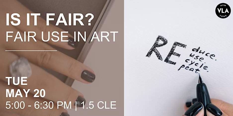 Are you an artist wondering if and when you can incorporate copyrighted material into your artwork? There are certain circumstances where the limited, “fair use” of copyrighted material may be permitted.

RSVP ow.ly/HmC850VEQaA
#fairuse #copyright