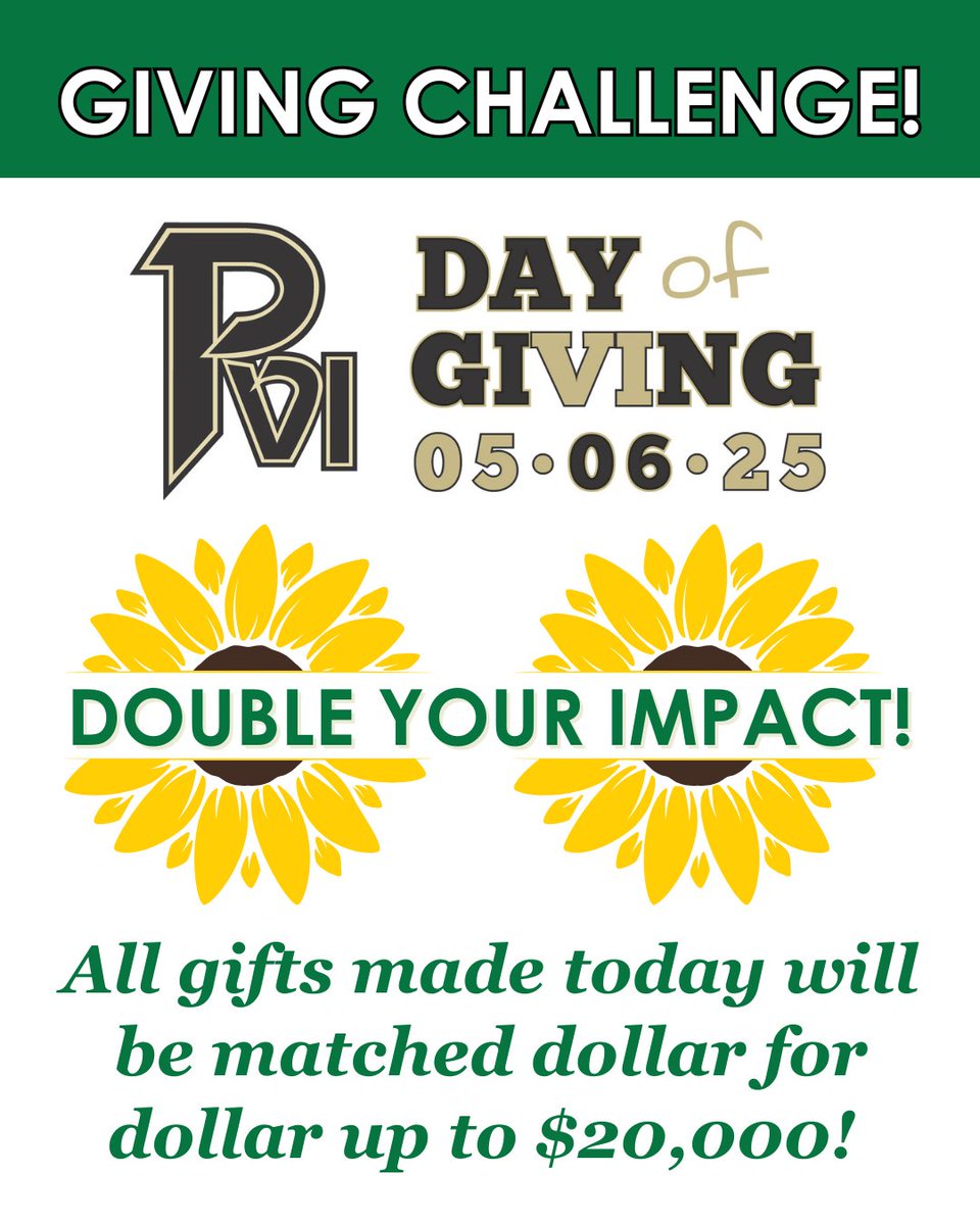 We’ve started out the day strong!  🎉 Don't miss your chance to be a part of #PVIDayOfGiving! We have an exciting update: a generous donor has offered to match ALL GIFTS made today DOLLAR FOR DOLLAR...up to $20,000: paulvi.net/give

#GrowInGraceAndWisdom #PlantTheSeeds