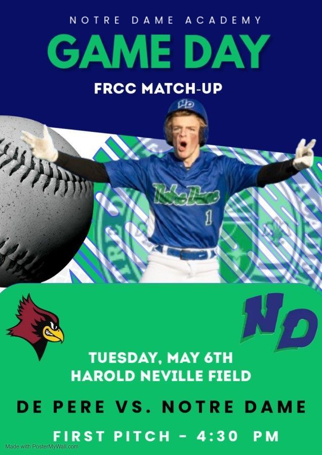 GAME DAY!!! 
FRCC MATCH-UP
De Pere vs. Notre Dame
First Pitch - 4:30 pm 
Harold Neville Field 

<a href="/NDATritonSports/">Notre Dame Academy Athletics - Green Bay, WI</a> <a href="/frccathletics/">Fox River Classic Conference</a> <a href="/BaseballDPHS/">De Pere Redbird Baseball ⚾️</a>