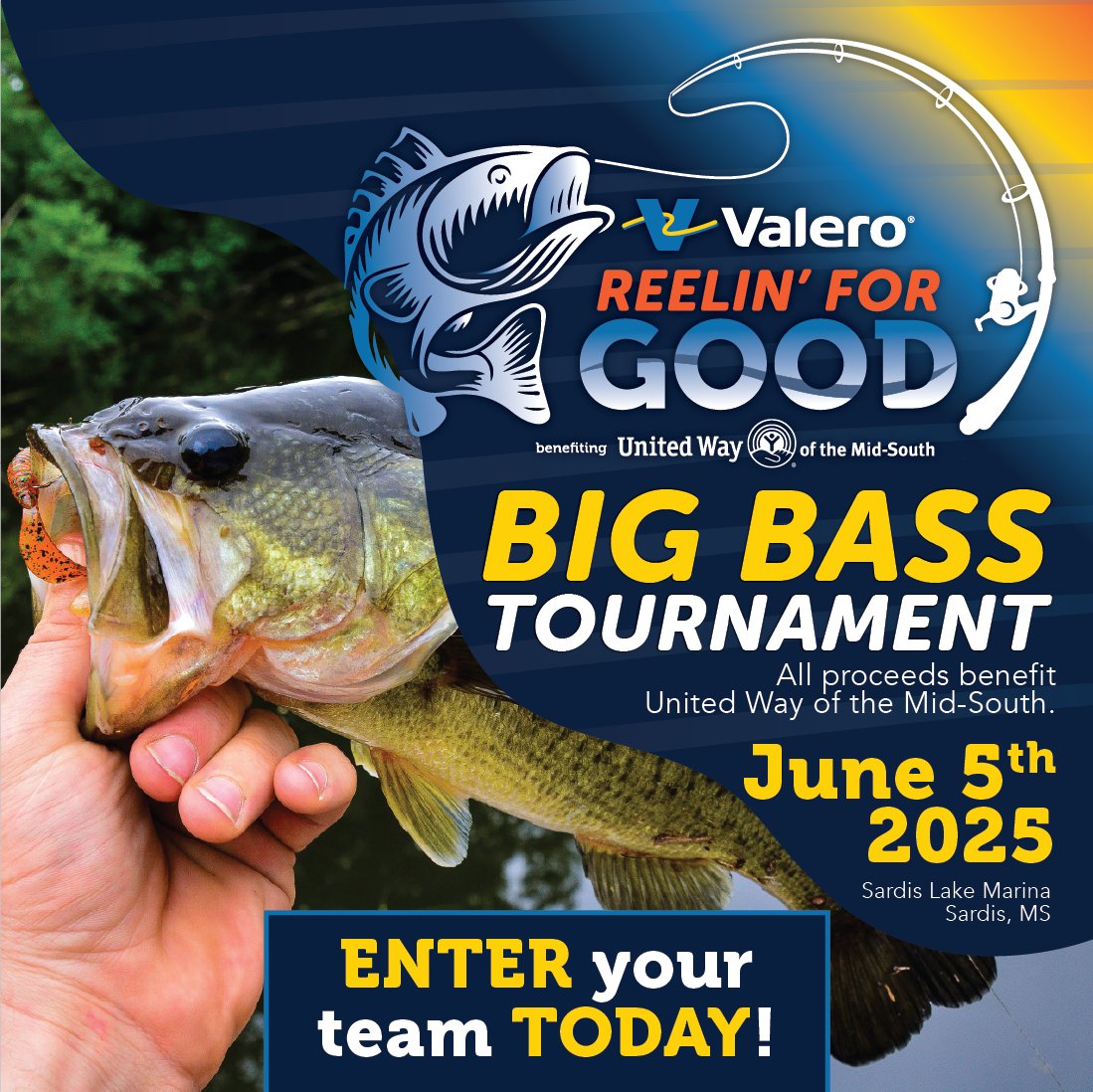 Enter your team in the Valero Reelin' for Good bass tournament! Check out the sponsor benefits and register your team today. #ReelinForGood #UWMidSouth #Valero #BigBass

ow.ly/LpIg50VAvfU