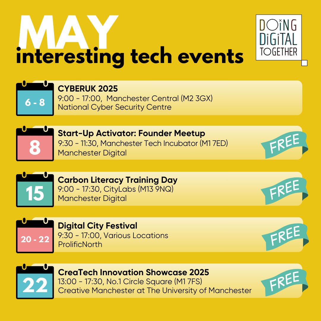 📅 l May Tech Events

Feeling refreshed after the bank holiday weekend? 

If you're ready to dive back into Manchester's thriving tech events scene, we've brought together some of the most exciting talks, training sessions &amp; conferences happening in the city this May! 👇