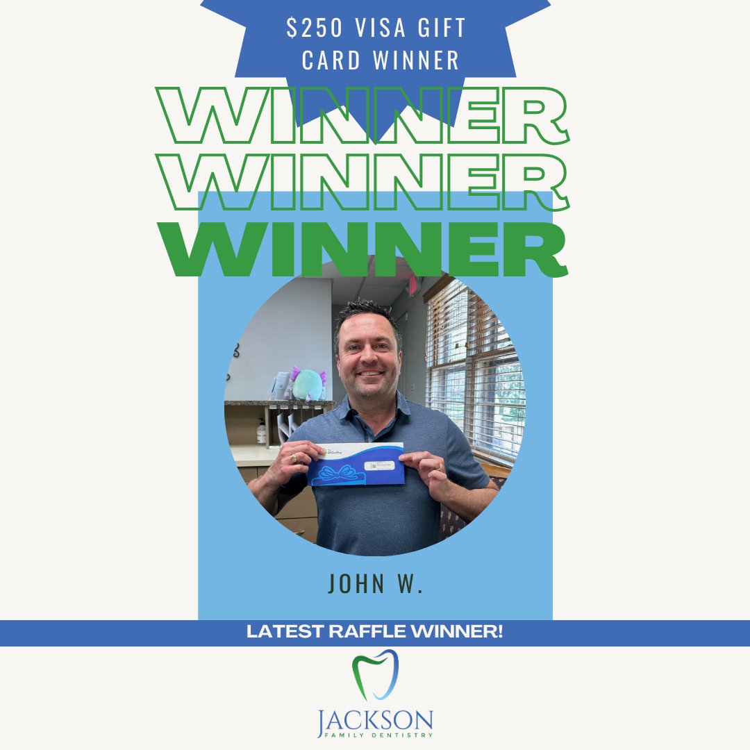 🎉 Congrats, John W.! 🎉
Winner of our $250 Visa Gift Card raffle! 💳💙
We’re so glad you’re part of the Jackson Family Dentistry fam! 🦷

#WinnerAlert #DownersGrove #SmileAndWin #JacksonFamilyDentistry