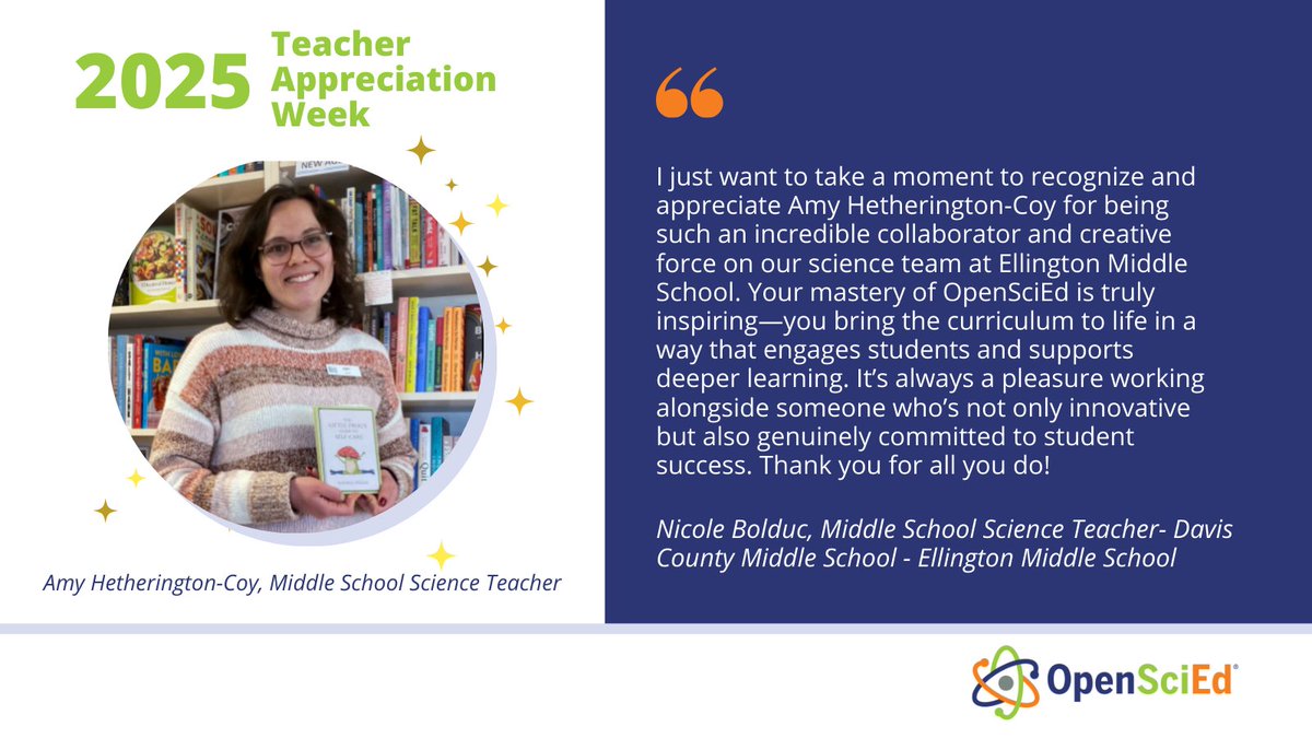 OpenSciEd's tweet image. Behind every great classroom moment is a teacher who made it possible. This week, we’re highlighting the educators who bring #OpenSciEd to life.❤️
#TeacherAppreciationWeek #ScienceEducation #ThankaTeacher