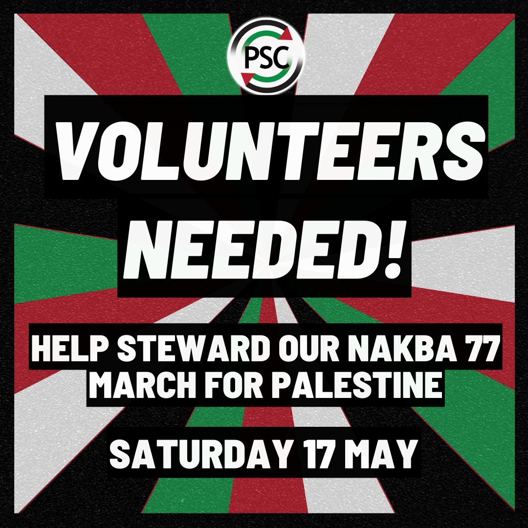 🚨 Help Steward our Nakba 77 March for Palestine - 17 May

We're marching for Palestine on 17 May and we need YOU to help make it happen. Sign up to be a steward at the link below. 🇵🇸

Sign up here: palestinecampaign.org/stewarding-sig…