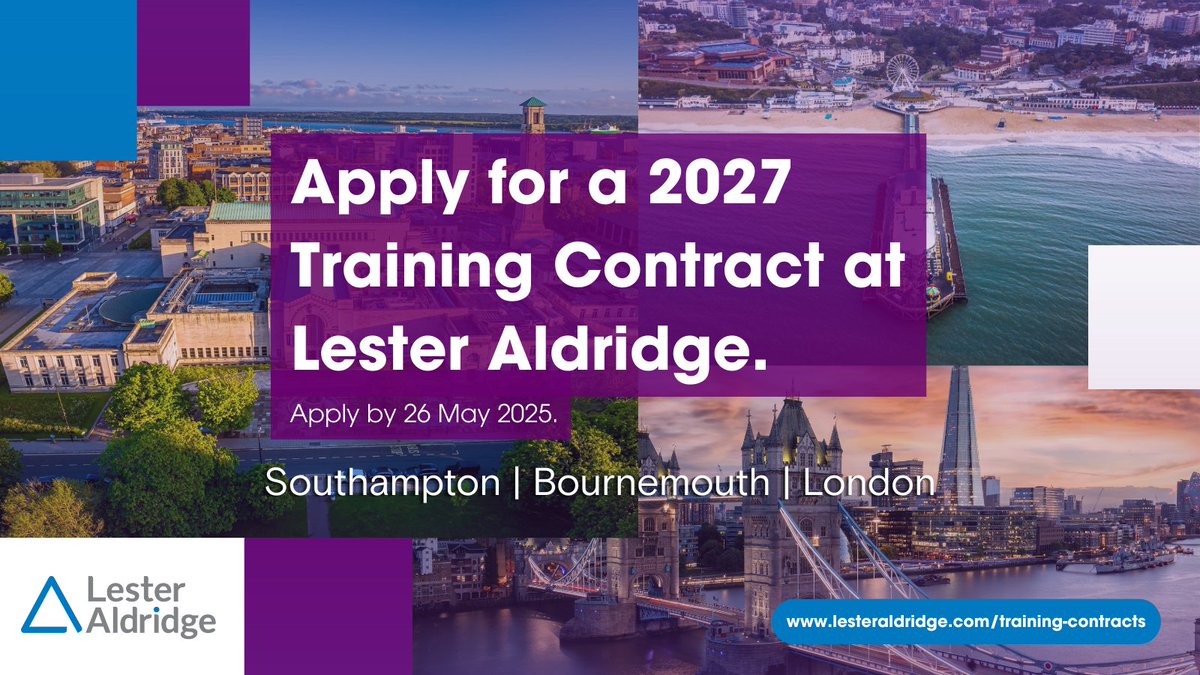 Apply for Lester Aldridge's 2027 training contract! Gain hands-on experience with high-profile clients in Bournemouth, Southampton and London. Apply by 26 May 2025: lesteraldridge.com/training-contr…