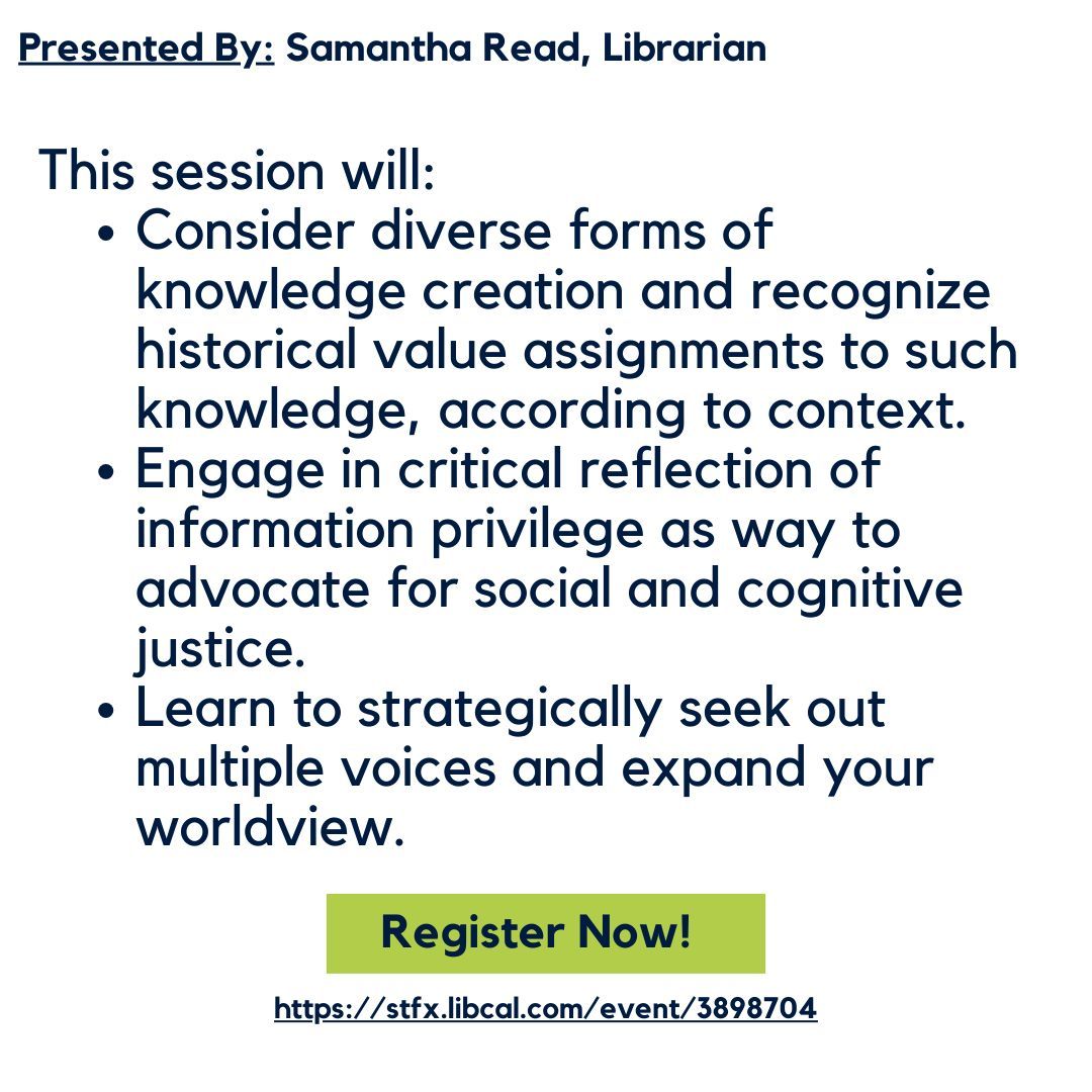 Are you looking to expand your research knowledge?

Register now for the Research Skills Boot Camp session "Knowledge Justice: Strategies for more inclusive research" on May 13, 10am-11:30am. 

Register now at stfx.libcal.com/event/3898704