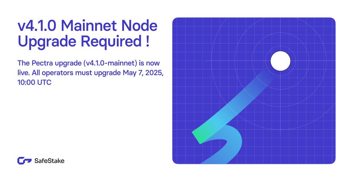 Dear SafeStake Operators 👥

The Pectra upgrade (v4.1.0-mainnet) is now live. All operators are required to follow the upgrade steps and complete the update before May 07, 2025 – 10:00 UTC.

Details: safestake.substack.com/p/operator-upg…

Upgrade Instructions: github.com/ParaState/Safe…

Thank