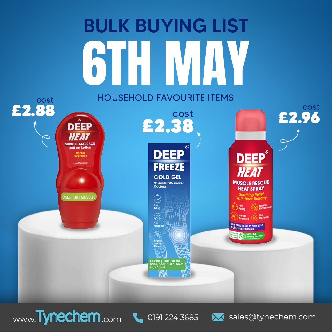 Our 6th May bulk buying list is live!

Take a look at some of our Deep Heat/Freeze range 👇

Then download the full list and get your orders in.
tynechem.com/wp-content/upl…

🛒 Great pricing
⚡ Fast delivery
📦 Trusted brands

#PharmacySupply #DeepHeat #DeepFreeze #Tynechem