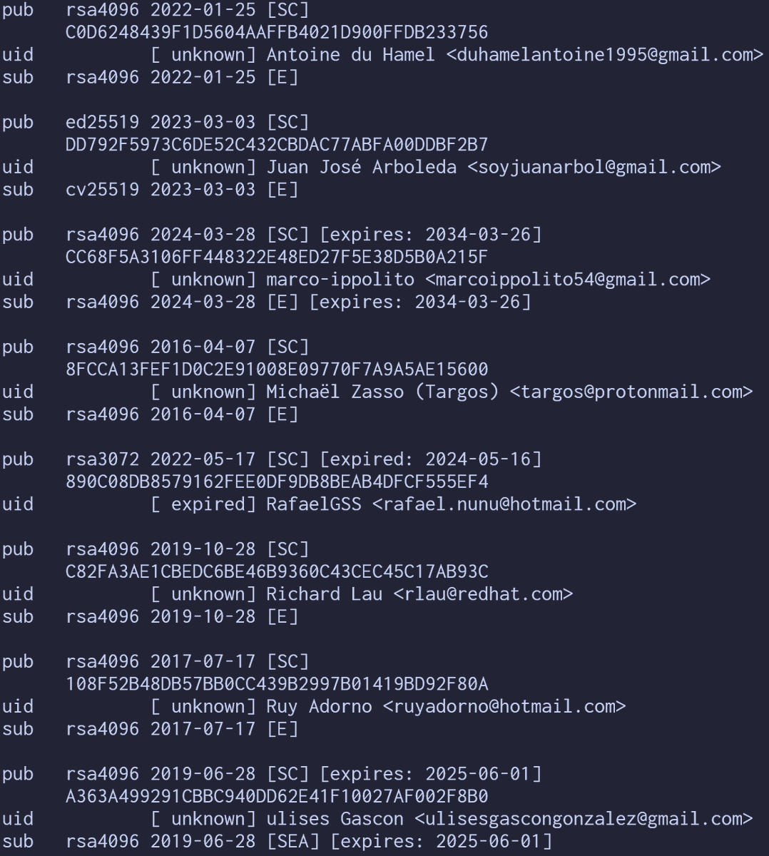 I ran gpg --list-keys and noticed a few GPG keys I never added manually. Turns out they are Node releasers.

github.com/nodejs/release…