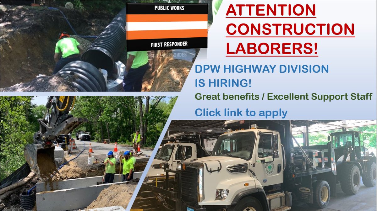 The DPW Highway Division is looking for an Equipment Operator III, which is an entry level laborer position.  Come work for one of the best Highway Departments in the area, with well-maintained equipment and excellent year-round benefits!  wilmingtonma.gov/human-resource…