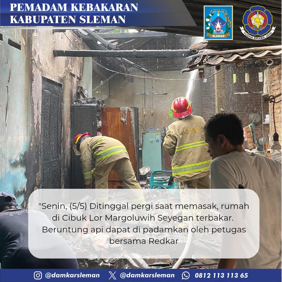 damkarsleman's tweet photo. Senin 5 Mei 2025, Pukul 13:22 WIB Pemadaman Kebakaran di Cibum Lor, Margoluwih, Seyegan, Kab. Sleman. dengan obyek terbakar Rumah, Damkar sleman mengerahkan 2 unit armada, api dapat dipadamkan setelah 1 jam pemadaman. https://t.co/6wKwp6XHYs
