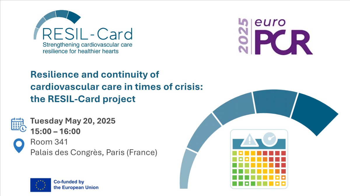 📢2 weeks to #EuroPCR!
🗓️Save the date for the #RESILCard session and join us to learn how the project can help your centre be better prepared for the next crisis!

💡You will find out about the project status and get a first look at the #resilience tool!

#preparedness <a href="/EU_HaDEA/">HaDEA</a>