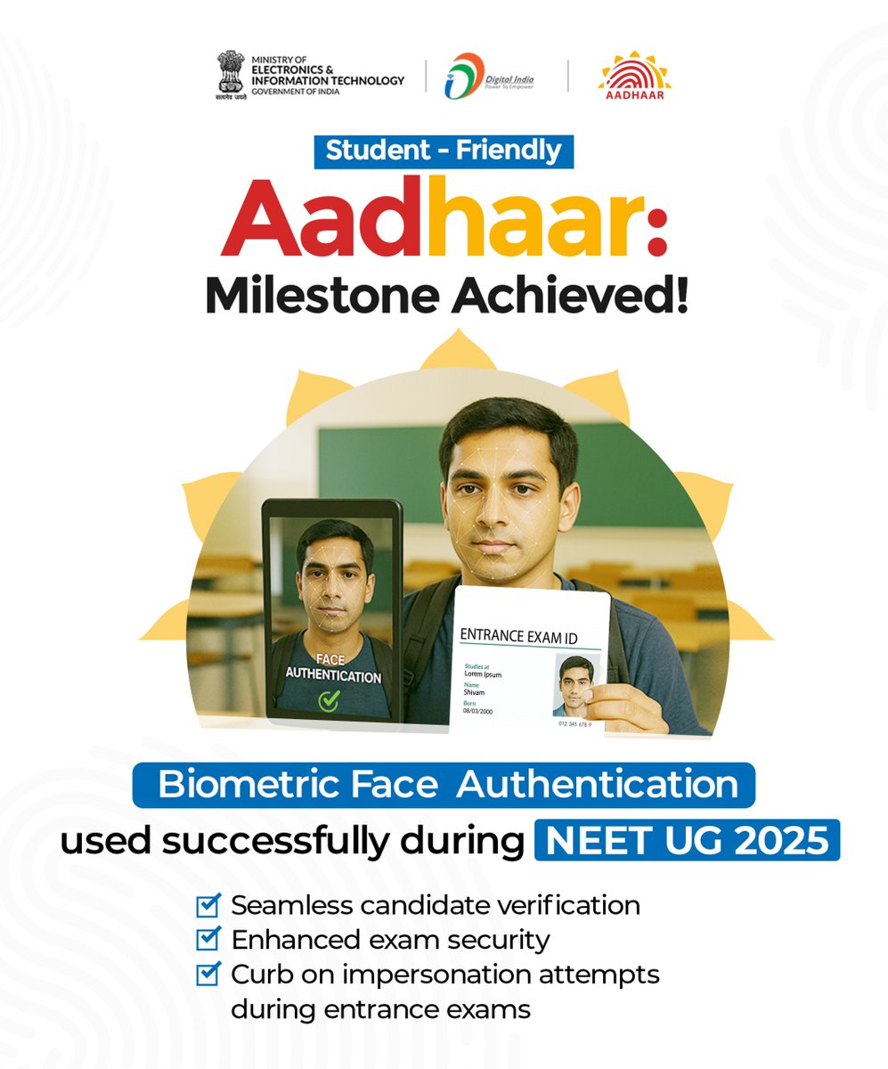 _DigitalIndia's tweet photo. UIDAI successfully conducted a Proof of Concept (PoC) on the use of face authentication during the NEET UG 2025 in New Delhi, carried out in collaboration with @NICMeity and @NTA_Exams. Done in real-time, using #Aadhaar’s biometric database.

#DigitalIndia #NEETUG2025 @UIDAI https://t.co/yV4RmM7JUQ