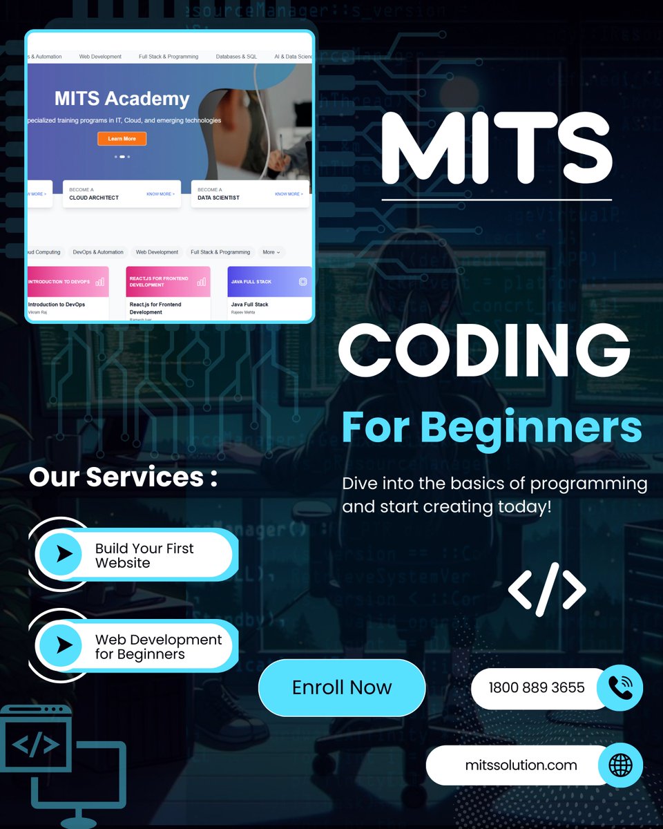 SolutionMits's tweet image. Dive into the basics of programming and start building something amazing — one line at a time. No experience needed, just your curiosity and creativity.
📞 1800 889 3655 | 🌐 mitssolution.com
#MITSSolution #CodeBeginners #LearnCoding #FirstLineOfCode #CodingMadeEasy