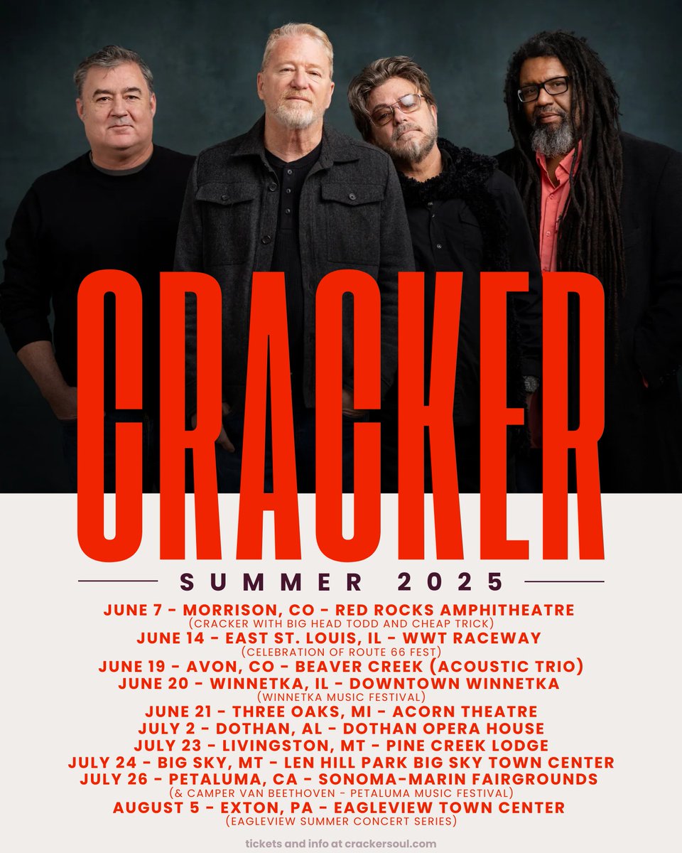 🔥 You know what time it is — Cracker’s hitting the road this summer!
🎶 Check the dates, grab your tickets, and let’s tear it up!
👉 crackersoul.com for all the details.
See you on the road!