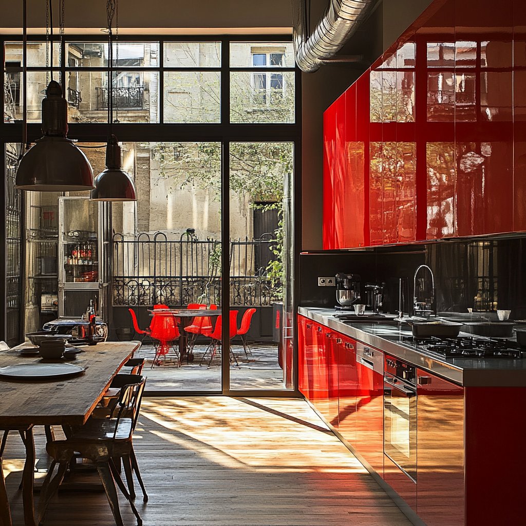 CabinetDIY's tweet image. This isn’t just a kitchen—it’s a power statement 🔴
Glossy red cabinets meet industrial loft details for a space that’s equal parts bold and beautiful. 
#KitchenInspo #RedKitchen #UrbanStyle