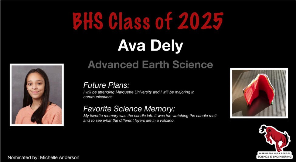 Today <a href="/BarringtonHS220/">Barrington High School</a> and Mrs. Anderson recognize Ava Dely for the Outstanding Senior award for Advanced Earth Science! Congratulations Ava, and best of luck next year at Marquette University!