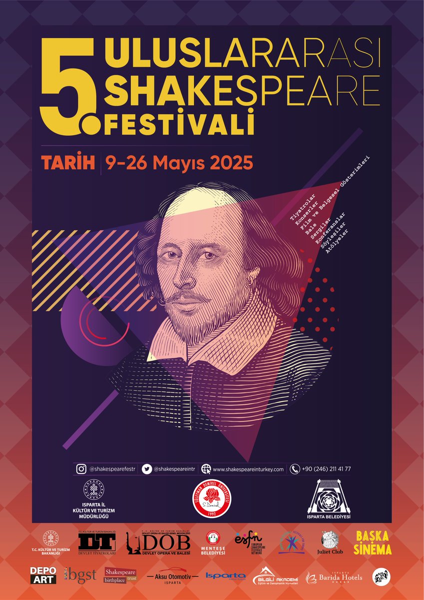 The 5th International Shakespeare Festival is coming soon!
Join us in Isparta from May 9–26, 2025, for a celebration of art, theatre &amp; Shakespeare.

📍 Full program soon — stay tuned! 🎭
#ShakespeareinTürkiye #5thShakespeareFestival