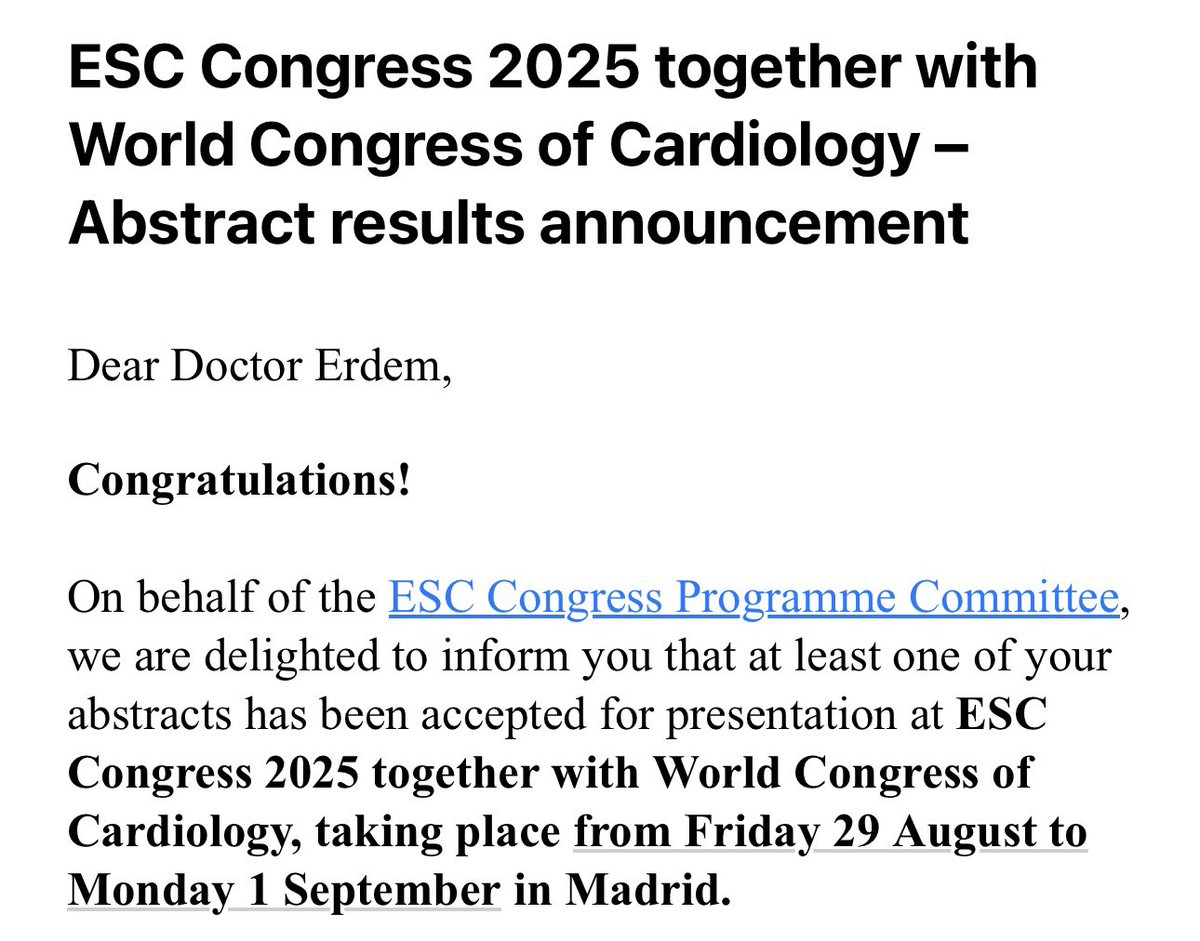 Almina Erdem (@alminaerdem) on Twitter photo Thrilled to share that our work has once again been accepted for presentation at #ESC2025 ! Grateful for the opportunity to contribute to the world’s leading cardiology congress. <a href="/escardio/">European Society of Cardiology</a> #ESCCongress #WCCardio Thrilled to share that our work has once again been accepted for presentation at #ESC2025 ! Grateful for the opportunity to contribute to the world’s leading cardiology congress. <a href="/escardio/">European Society of Cardiology</a> #ESCCongress #WCCardio