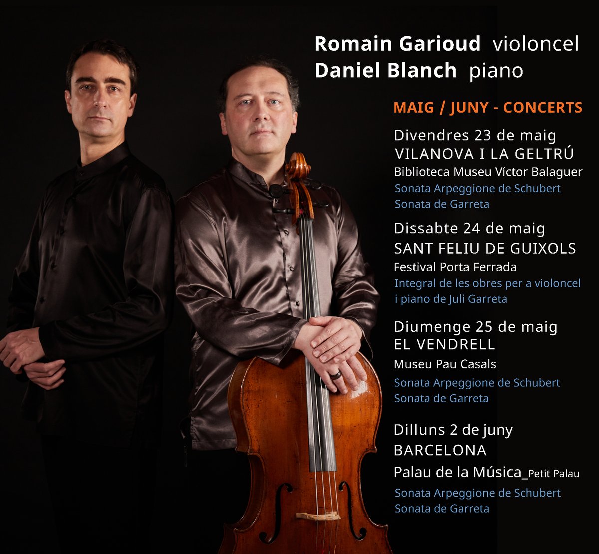 Daniel Blanch (@danielblanchpno) on Twitter photo Molt content dels propers concerts que faré amb el violoncel·lista Romain Garioud interpretant Garreta i Schubert. Us hi esperem!
<a href="/palaumusicacat/">Palau de la Música Catalana</a> @FestivalPortaFerrada <a href="/eduard_toldra/">Camerata Eduard Toldrà. 40 ANYS</a> <a href="/PauCasals_Fund/">Fundació Pau Casals</a> Molt content dels propers concerts que faré amb el violoncel·lista Romain Garioud interpretant Garreta i Schubert. Us hi esperem!
<a href="/palaumusicacat/">Palau de la Música Catalana</a> @FestivalPortaFerrada <a href="/eduard_toldra/">Camerata Eduard Toldrà. 40 ANYS</a> <a href="/PauCasals_Fund/">Fundació Pau Casals</a>